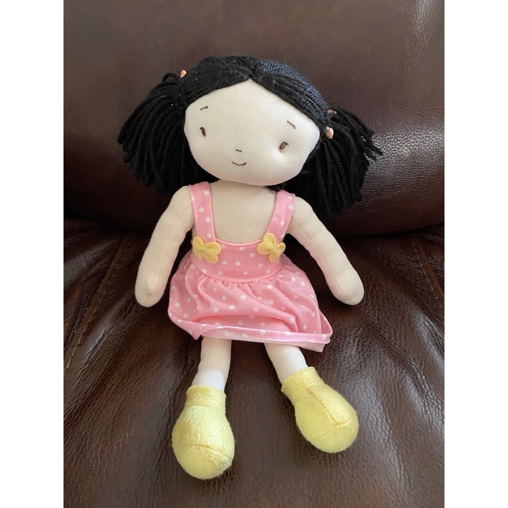 Bunnies by the Bay Baby Doll Black Hair Pink dot dress Yellow 12" Plush Stuffed